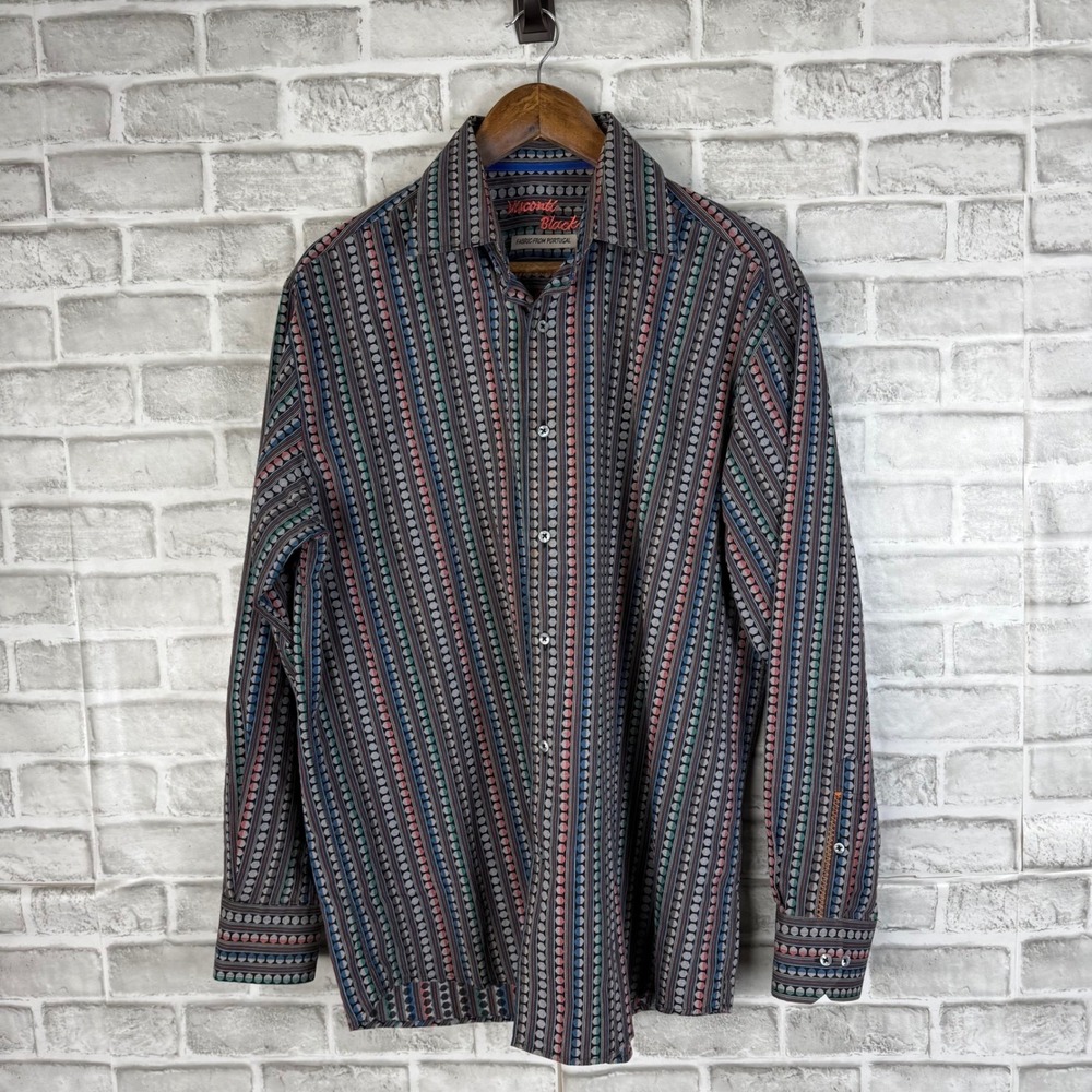 Visconti Black Mens Large Geometric Dot Stripe Button Down Shirt Portugal Fabric